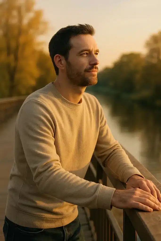 A man looking ahead with quiet hope, symbolizing emotional healing and rebuilding trust after heartbreak.