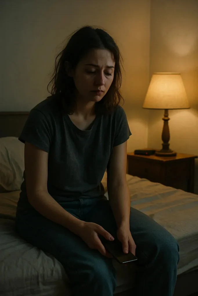 Woman sitting alone at night with a thoughtful, sad expression, realizing her relationship may not be true love.