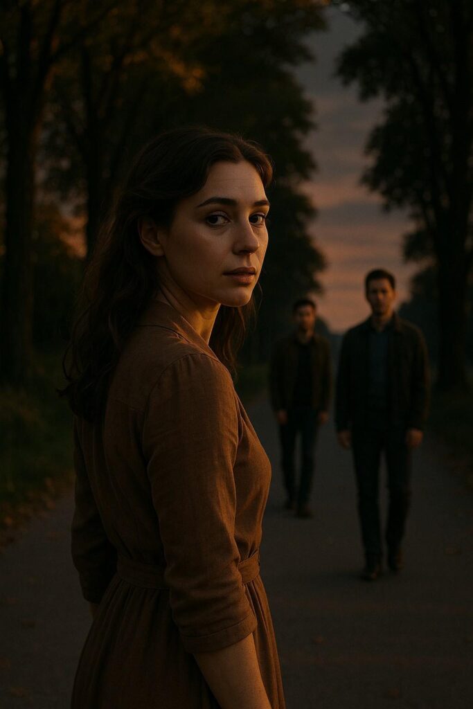 A woman walking toward sunset with two men at different distances, symbolizing love shaped by timing and life stages.
