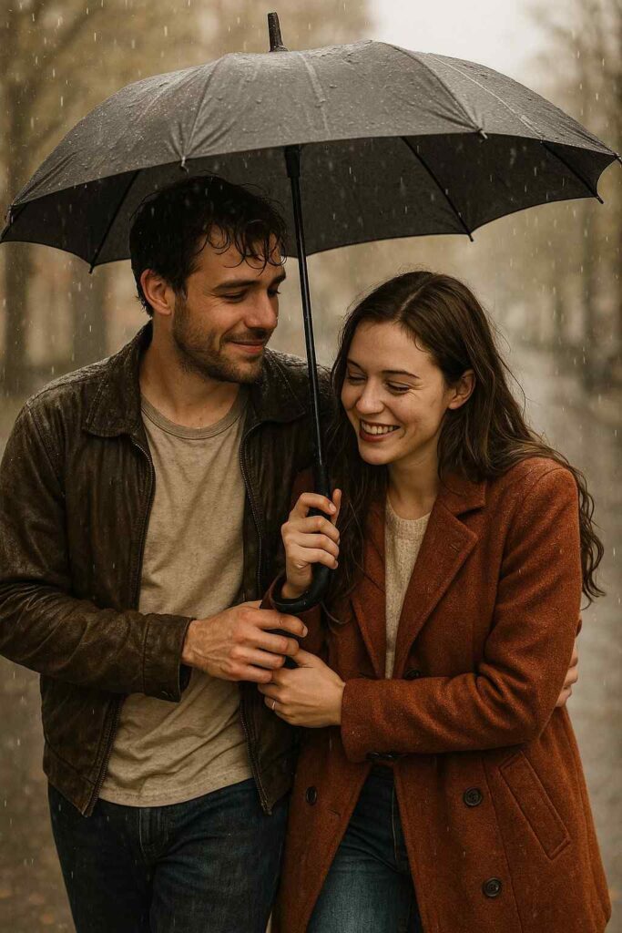 Couple walking under one umbrella in the rain, showing love through sacrifice and compromise.