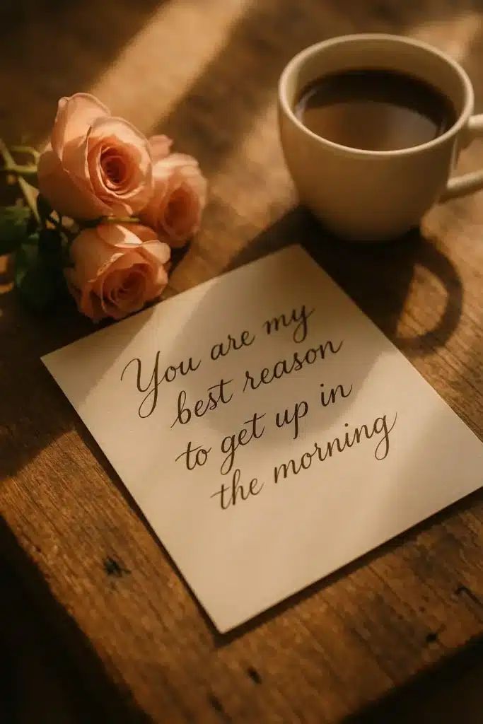 Handwritten love note on a wooden table with the message “You are my best reason to get up in the morning,” beside coffee and roses in soft morning light.