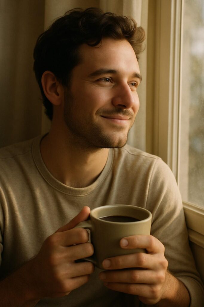 Man sitting by a window in warm light, reflecting with a peaceful smile that represents the inner feeling of true love.