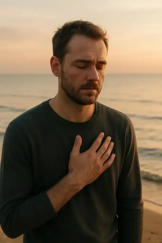 A man quietly accepting his pain at sunrise, symbolizing emotional acceptance and healing after heartbreak.