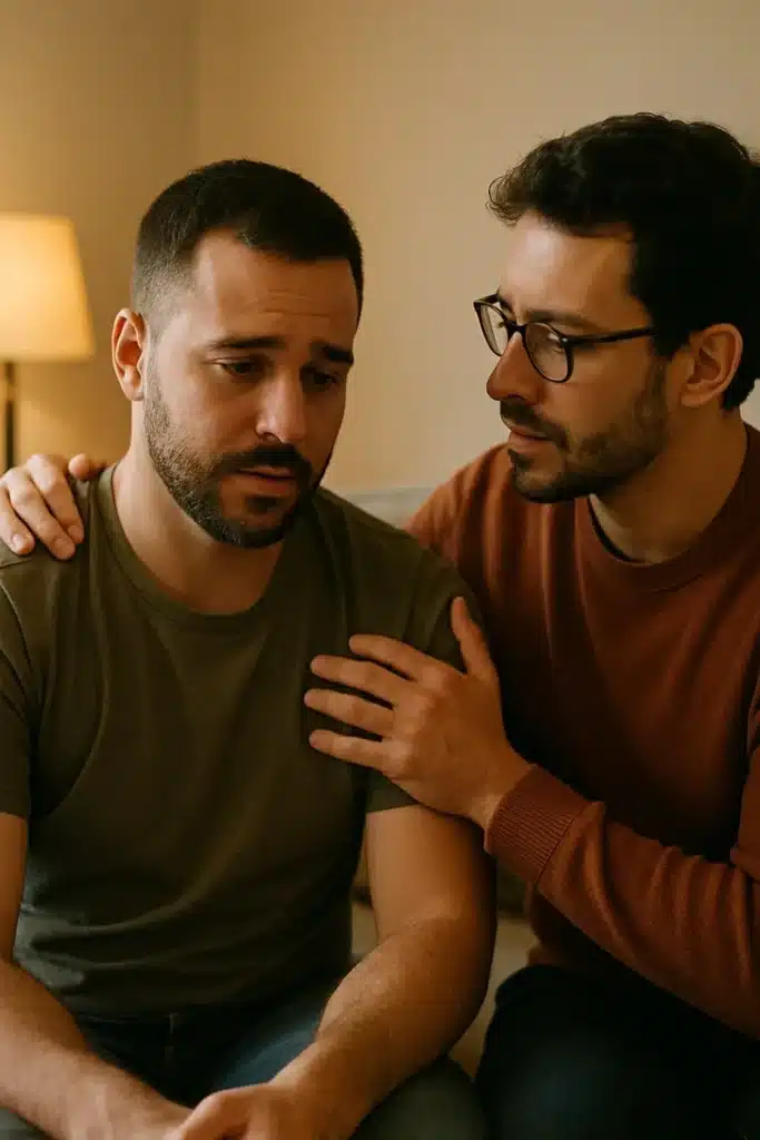 A man receiving emotional support from a friend, symbolizing the importance of connection during heartbreak.