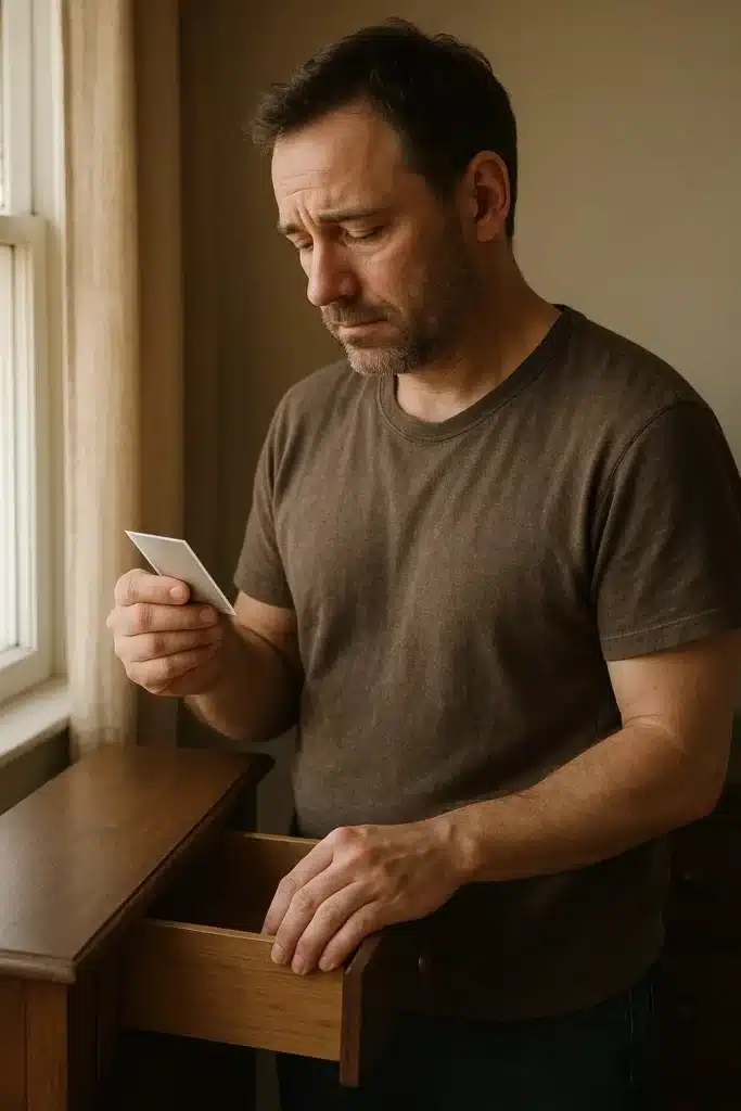 A man quietly letting go of a past love with compassion, placing a photo away as a symbol of emotional detachment.