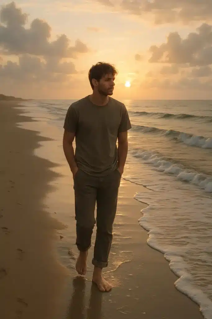 A young man walking alone on a sunrise beach, reflecting on healing with time after his first love.