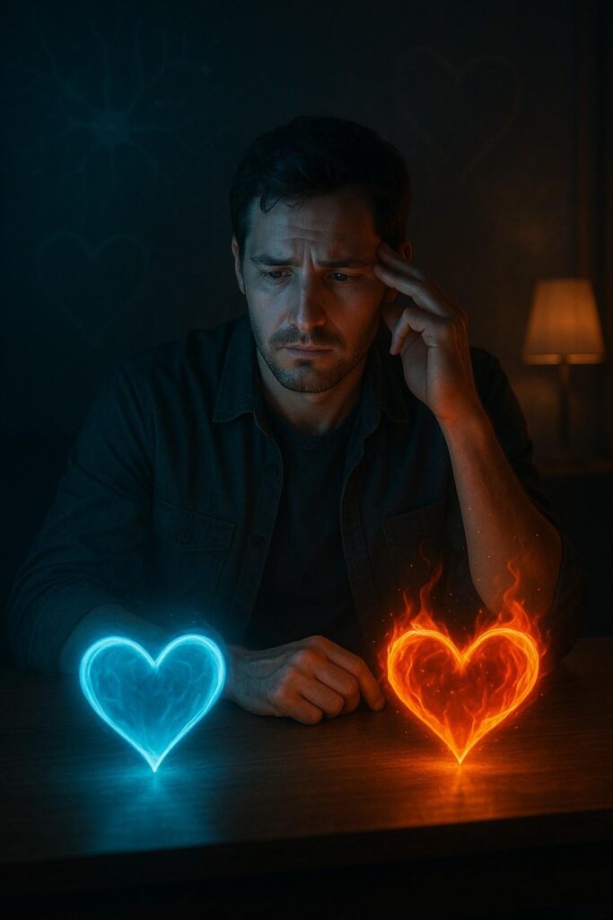 A man surrounded by warm and cool light looks thoughtfully at two glowing hearts, symbolizing the science behind loving two people.