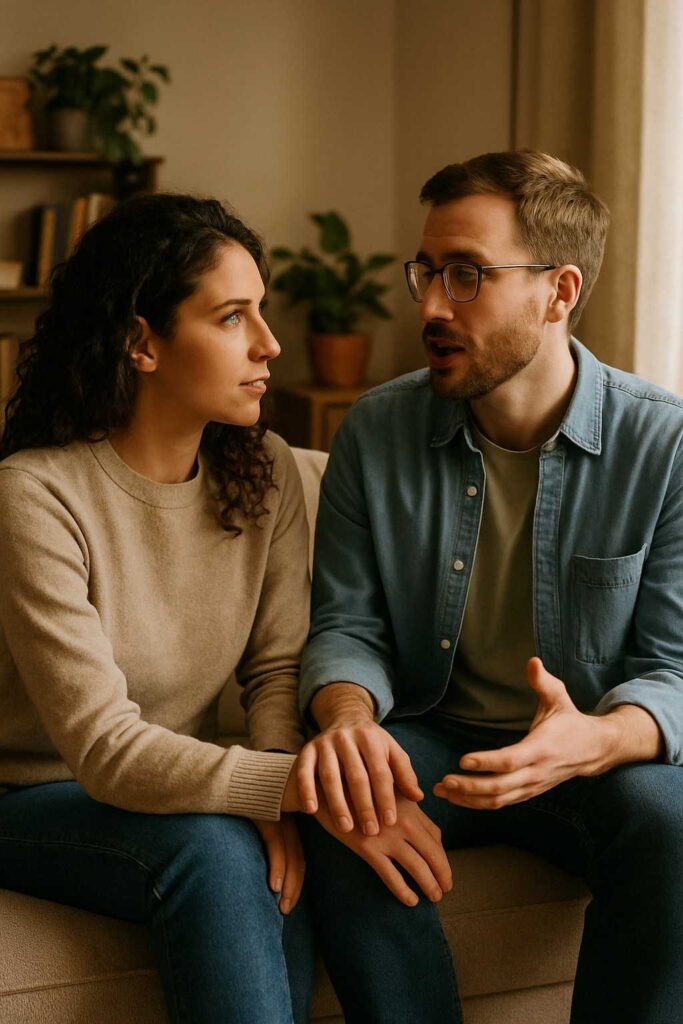 Couple having an open and caring conversation, showing understanding and support.