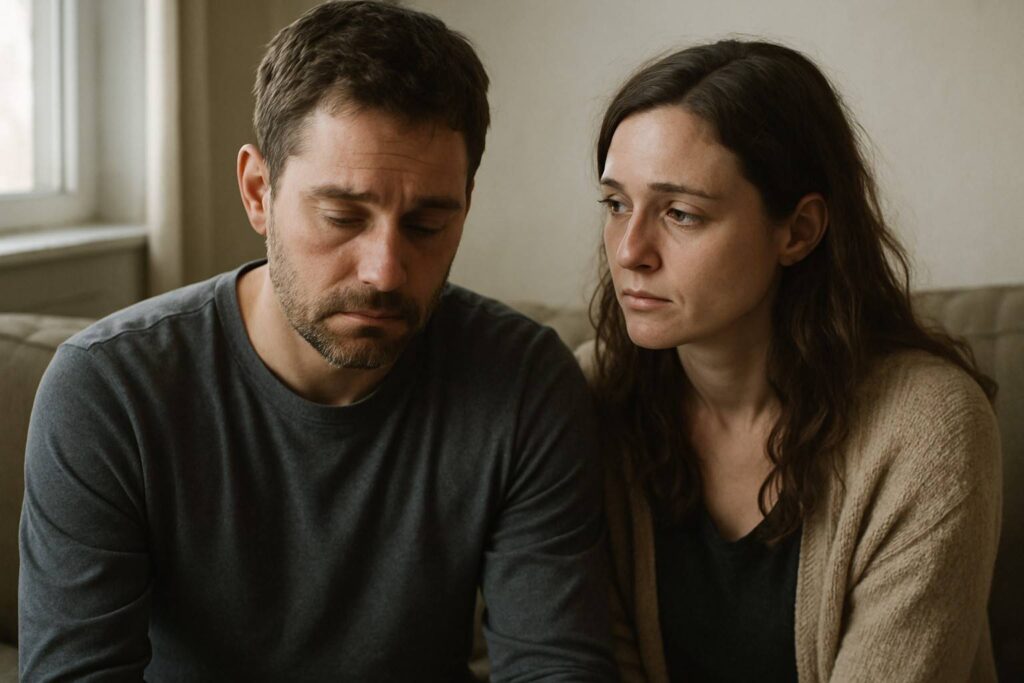 A couple sitting close together but emotionally disconnected, showing the heartbreak and confusion of blind love.