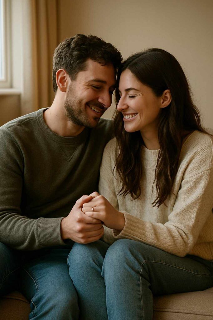 Genuine couple sitting close together at home, holding hands and sharing a quiet, loving moment that reflects true emotional connection.