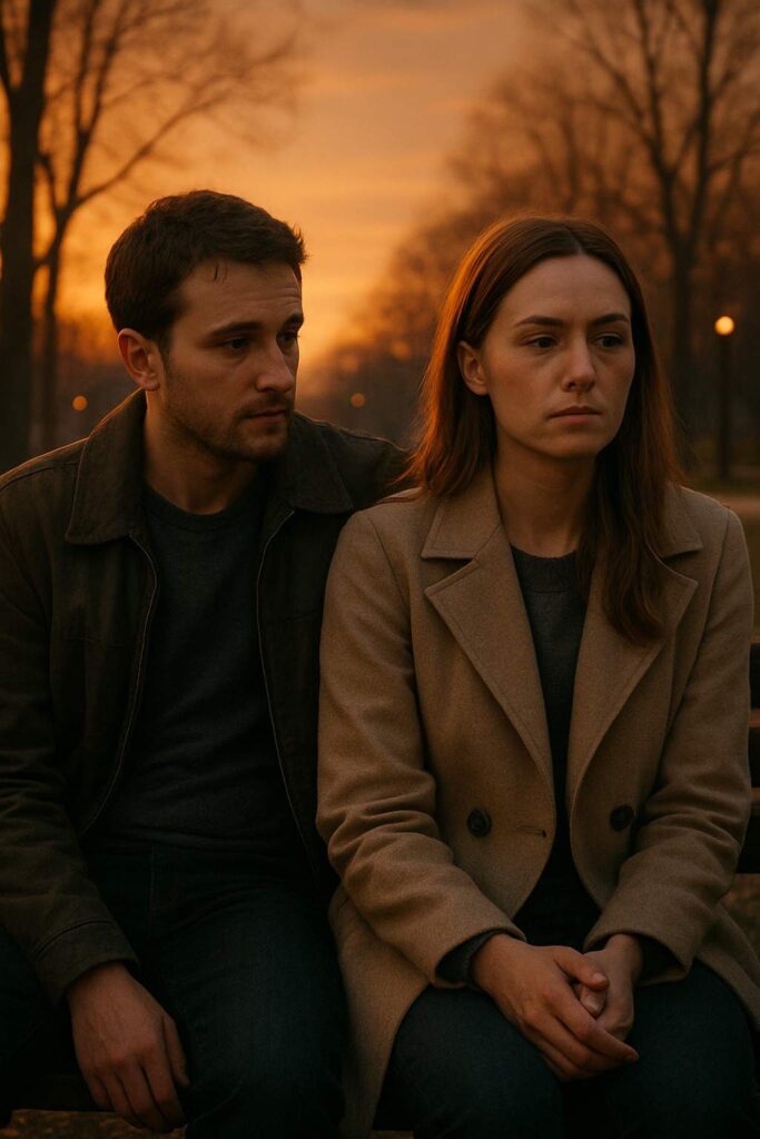 A couple sitting close but emotionally distant on a park bench at sunset, showing love without trust.