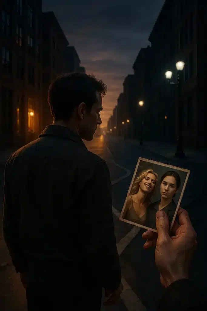 A man standing at a crossroads at dusk, symbolizing the struggle between love and moral boundaries.