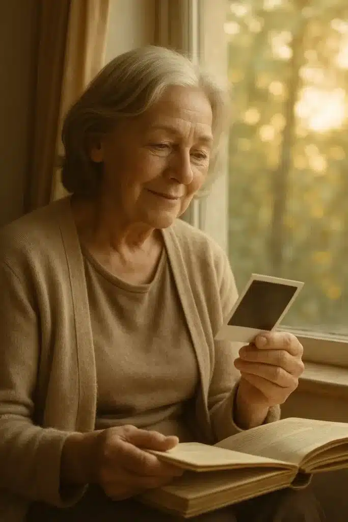 An older person smiling softly while looking at an old photo, reflecting on memories of first love.