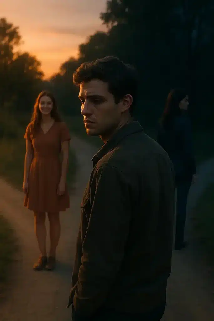 A conflicted man at a crossroads torn between two women, symbolizing emotional struggle in love.