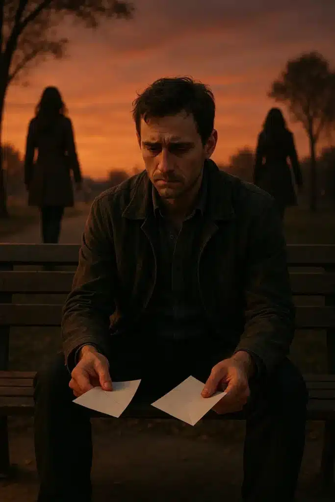 A man torn between two women at sunset, symbolizing the painful decision of choosing one love over another.