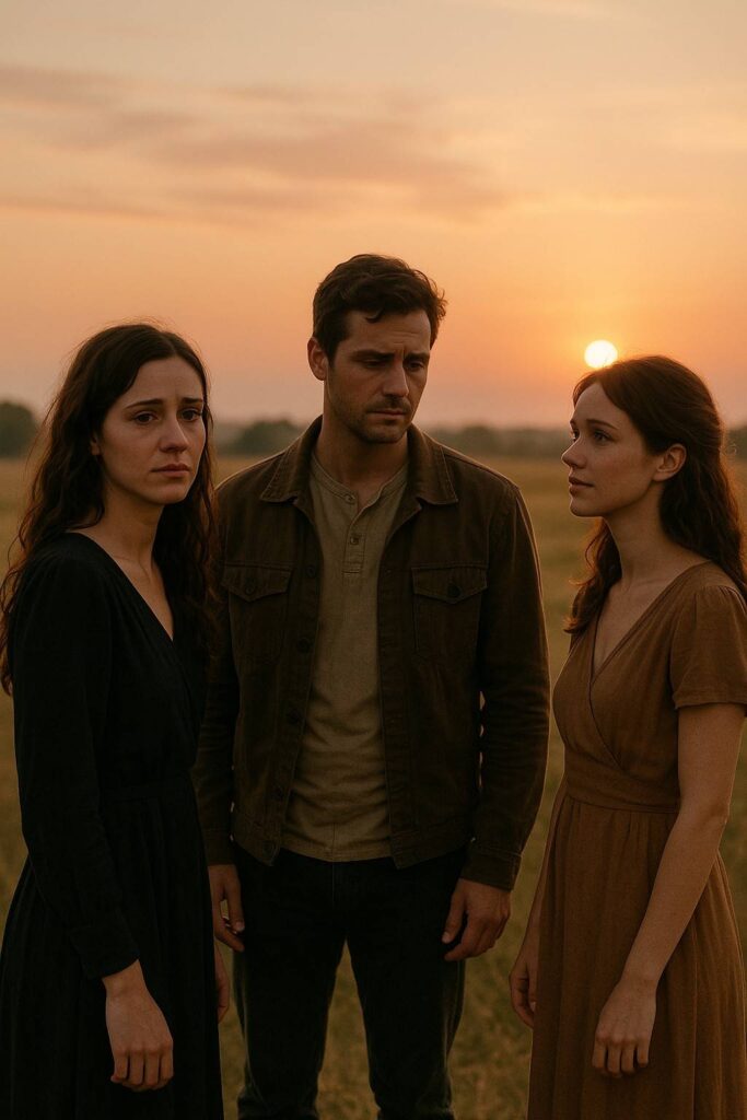 Two women and one man standing in a sunset field, symbolizing shared love and emotional conflict.