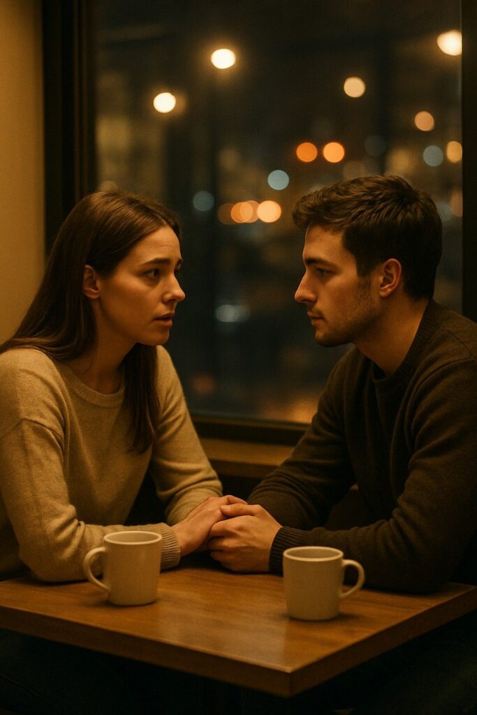 A couple in a cozy café having an emotional and heartfelt conversation about their relationship.