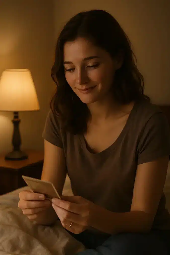 A young woman sitting on her bed at night, smiling softly while remembering her first love.