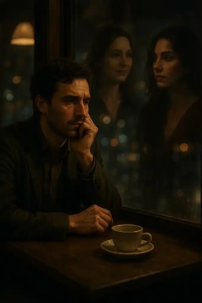A man sitting in a café at night, reflecting on his feelings for two different women.