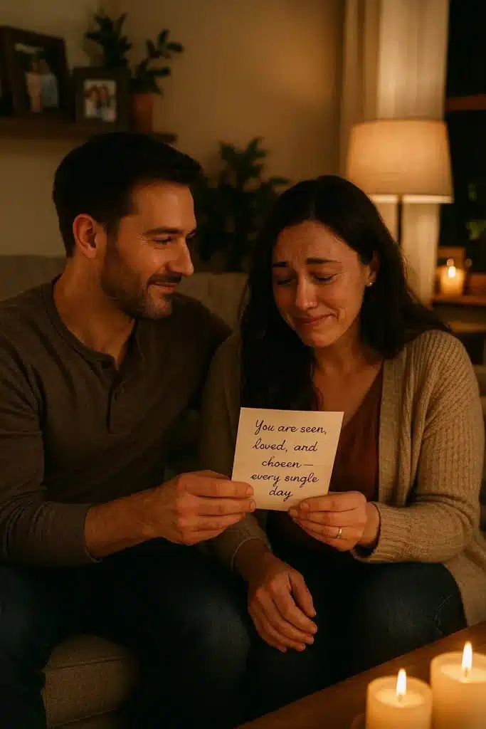 Husband giving his wife a handwritten love note that says “You are seen, loved, and chosen — every single day,” symbolizing connection and appreciation.
