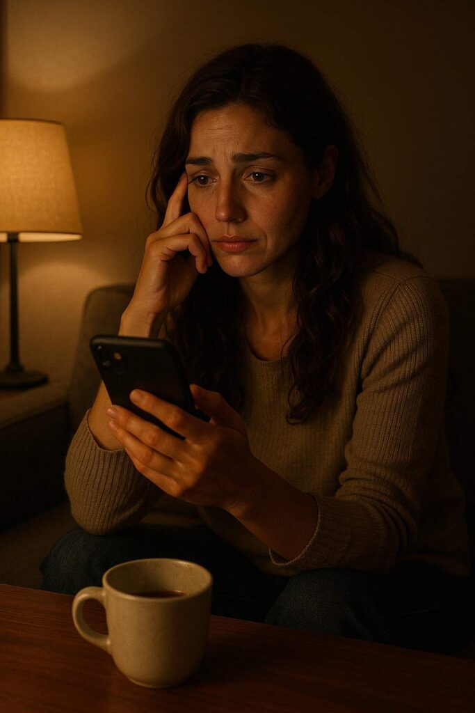 A woman sitting alone, looking at her phone with sadness and doubt, showing the pain of loving without trust.