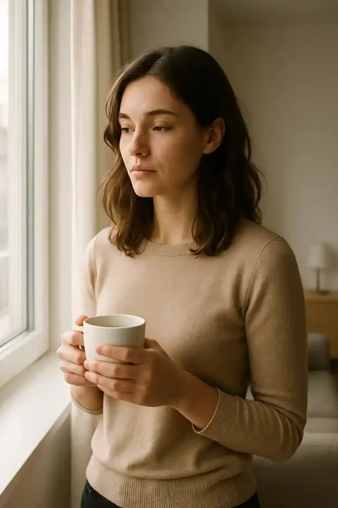 A woman thoughtfully preparing for the right moment to express her feelings.