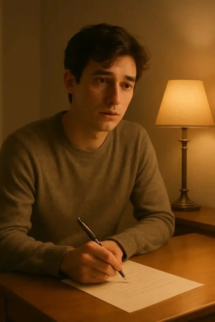 A man thoughtfully writing a heartfelt message to express his true feelings.