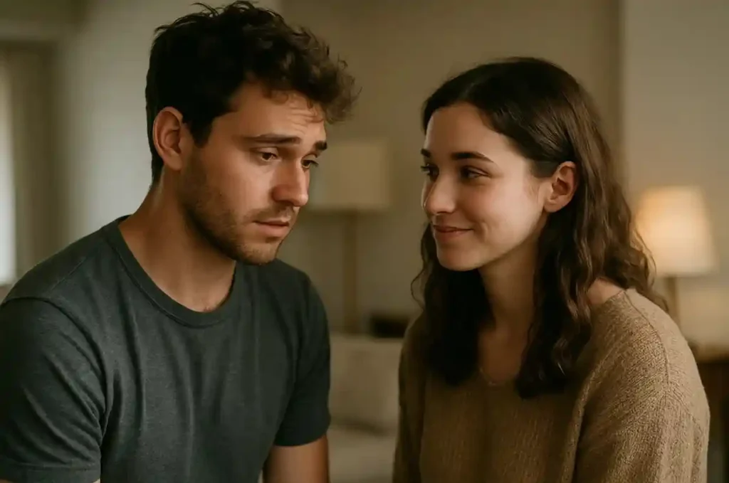 Man expressing his feelings to a woman with sincerity and vulnerability in a calm, intimate setting.