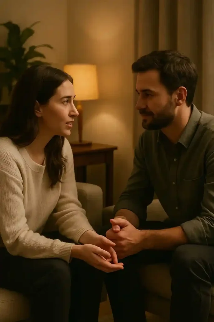 A man calmly listening and respecting a woman’s honest response during a heartfelt conversation.